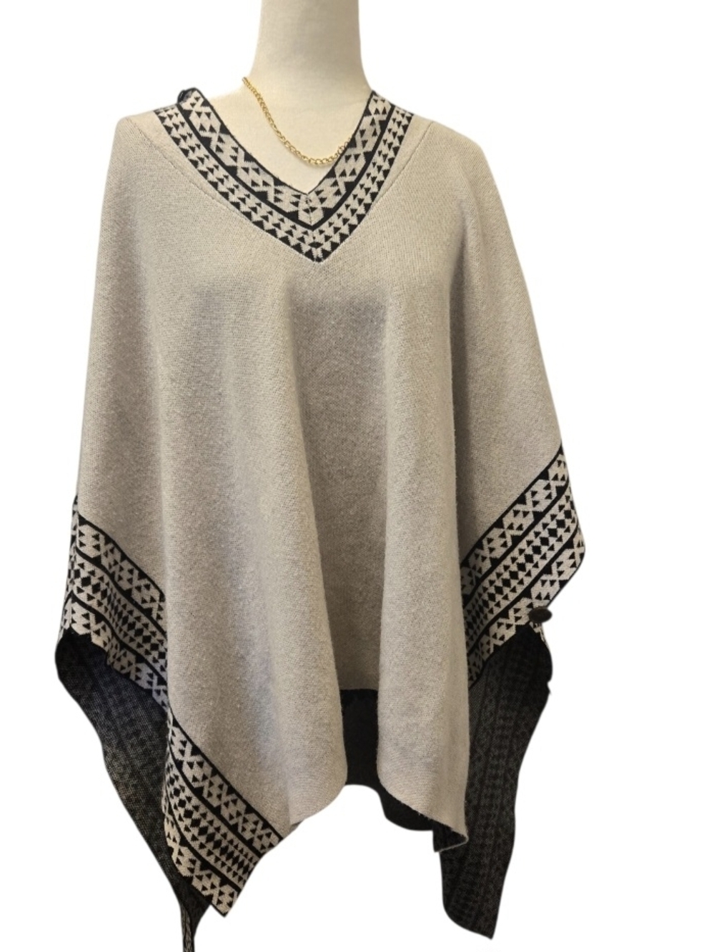 Johnny Was Cream Poncho with Black Geometric Trim